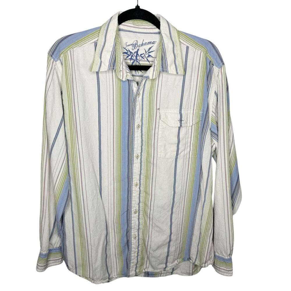 TOMMY BAHAMA / white blue green striped silk blend long sleeve button up / L